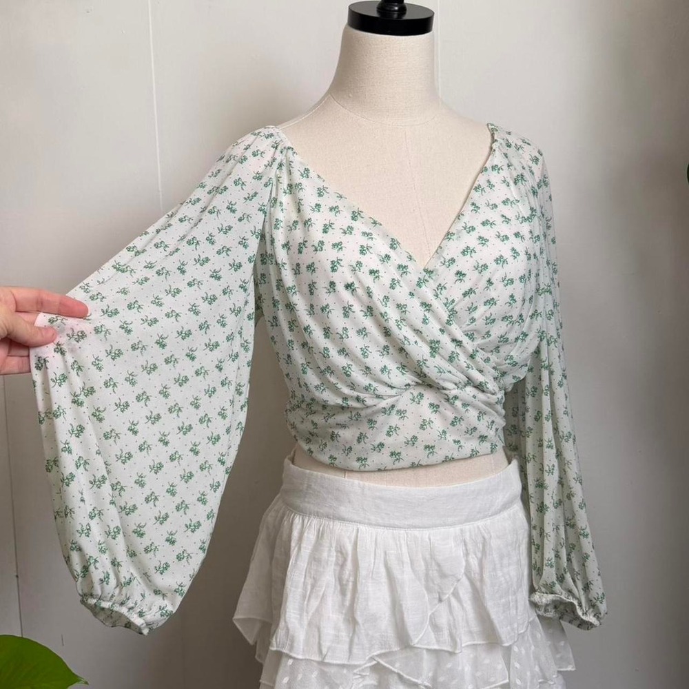 Free People White Green Floral Mesh Wrap Crop Top Balloon Sleeve Small